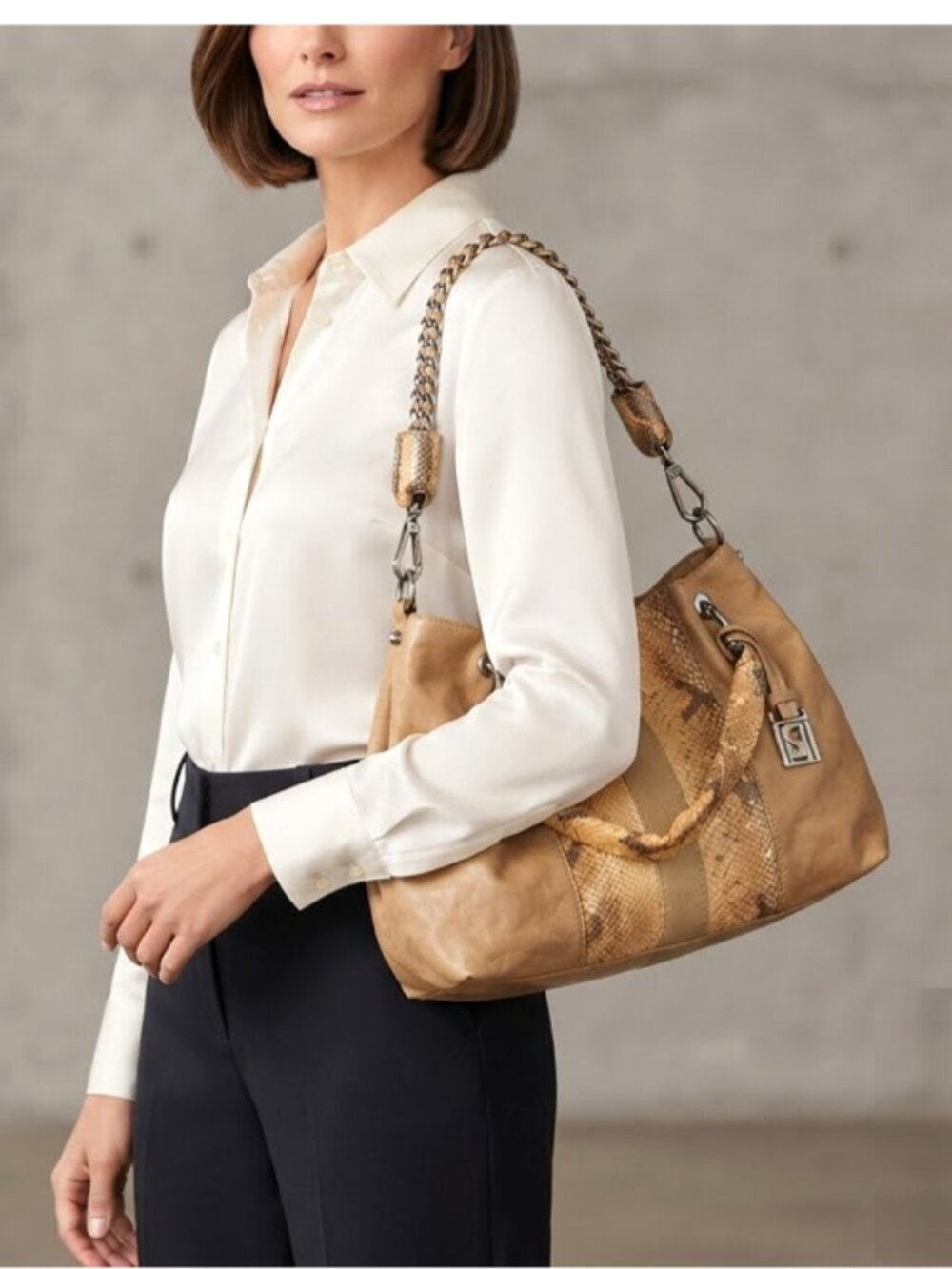 SOPRANO Tan Taupe Orange Soft Leather Satchel Purse Braided Chain Shoulder Bag